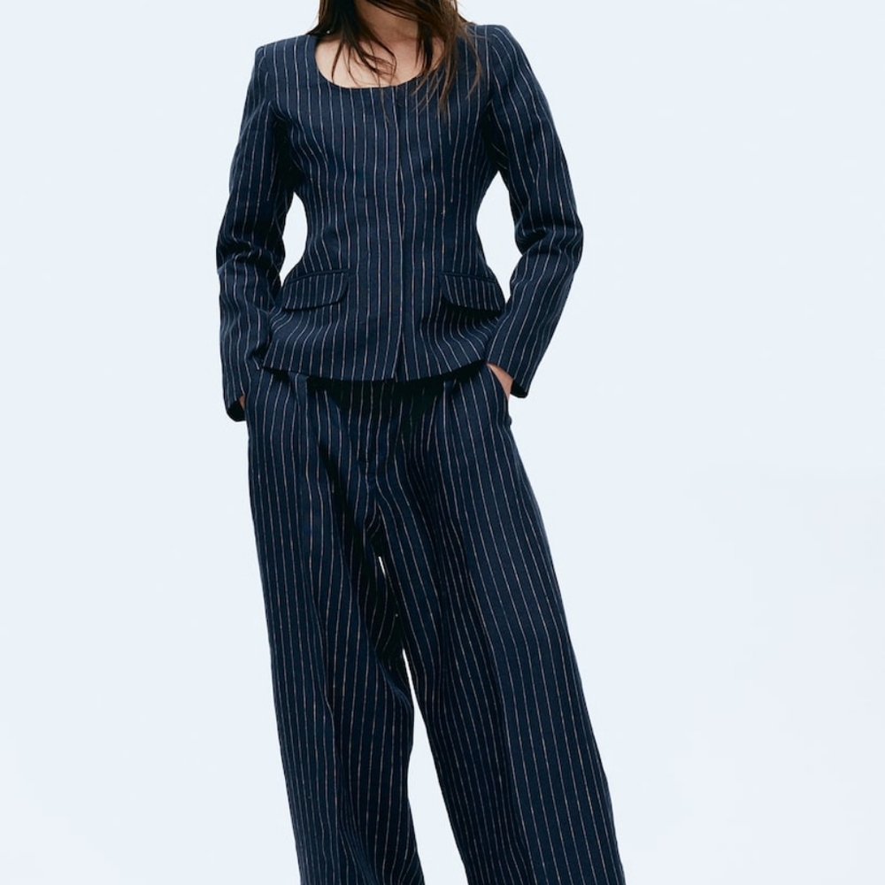 H&M Balloon Leg pinstripes Linen Pants navy blue/cream Sz 14 BNWT PANTS ONLY